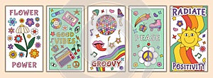 Retro groovy posters. Cute chamomile and daisy flowers and mushrooms, psychedelic hippy banners. 70s love power