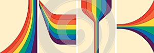 Retro groovy rainbow color striped poster set. Geometric hippie rainbows path on prints. Vintage hippy style abstract