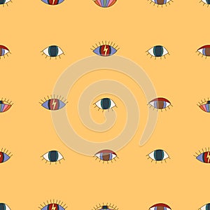 Retro groovy seamless pattern with trippy eyes 70s background