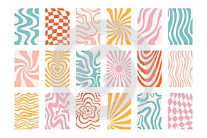 Retro groovy seamless pattern with wave, floral design, curvy line, sun rays and heart shape set