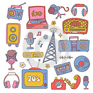 Retro groovy stickers with vintage electronics in 80s style. Vintage collection of cassette, tape recorder, phone