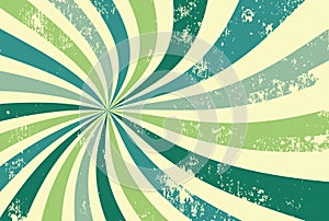 Retro groovy sunburst background pattern in 60s hippy style grunge textured vintage color palette of blue and green