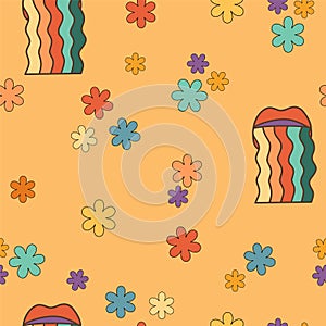 Retro groovy symbols vector seamless pattern psychedelic rainbow and flowers