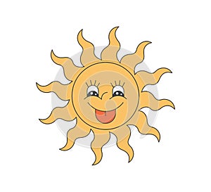 Retro groovy twisted funky sun crazy character. Psychedelic hippie funny solar mascot. Abstract vintage hippy smile