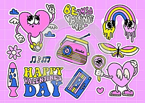 Retro Groovy Valentine's day characters stickers set with love lettering. Fun heart cartoon mascots. Hippie