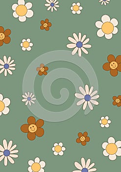 Retro groovy vintage background with white flowers daisies