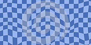 Retro Groovy Wavy Psychedelic Checkerboard Y2K Background. 60s 70s 90s Check Blue Color Backdrop.