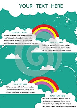 Retro grunge background with white cloud and rainbow with place