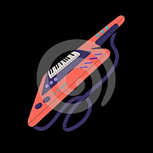 Retro grunge musical instrument. Vintage guitar on belt with keyboard, retrowave synthesizer with fretboard, funky
