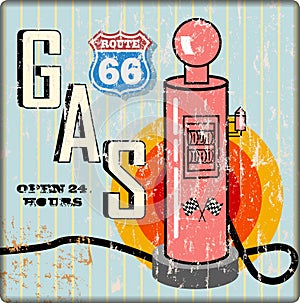 Retro grungy route 66 gas station sign