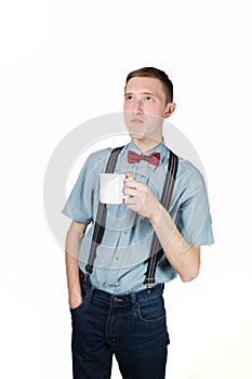 Retro guy holding cup