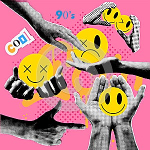 Retro halftone effect collage elements set with hands and cutout paper shapes. 90s - y2k Vintage vector collection.