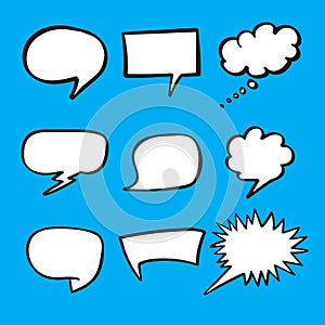 Retro hand drawn comics speech bubbles set on blue background.