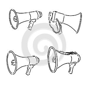 Retro hand drawn megaphone. Realistic sketch of loudspeaker. Vector illustration.