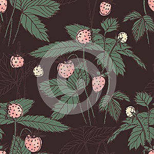 Retro hand drawn print of fragaria on dark background. Vector seamless pattern for fabric