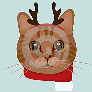 Retro hand drawn vector illustration background with Christmas red elk antlers cat with antlers. Pet animal