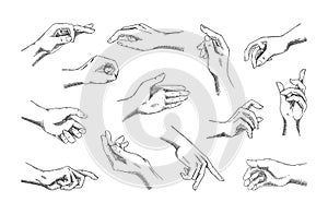 Retro hand icons. Human arms. Various gestures. Antique signs of finger. Sketch elements set. Forefinger and fist