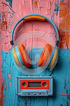 Retro Headphones and Cassette on Paint Splattered Background