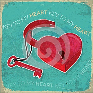 Retro heart shaped padlock and key rustic texture