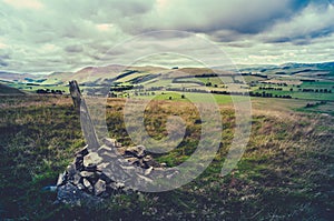 Retro Hilltop Cairn Scotland Landscape