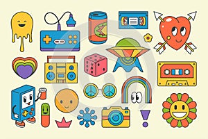 Retro hippie electronic devices graphic elements pop art groovy contoured design vector cartoon