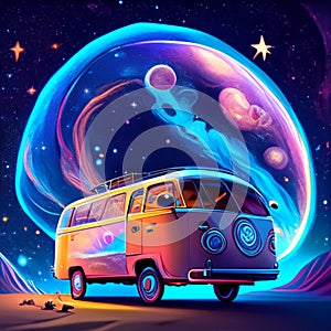 Retro hippie van with planets in space. Cartoon style. AI Generated