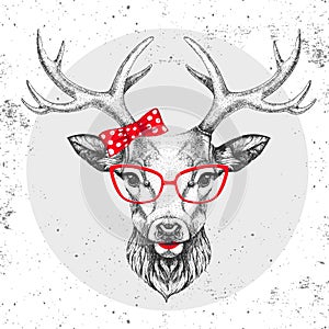 Retro Hipster animal deer. Hand drawing Muzzle of animal deer. Girl of 60s