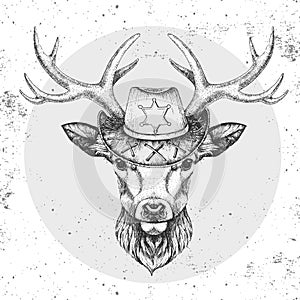 Retro Hipster animal deer with sheriff`s hat. Hand drawing Muzzle of animal deer photo