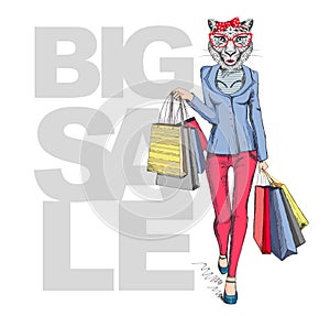 Retro Hipster animal girl cheetah. Big sale hipster poster