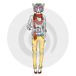 Retro Hipster animal girl tiger with photo camera. Woman model