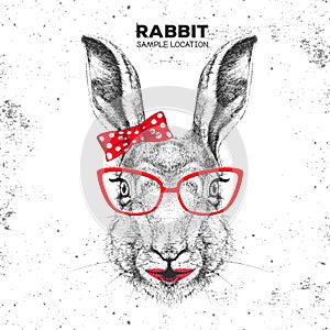 Retro Hipster animal rabbit. Hand drawing Muzzle of animal bunny. Girl of 60s