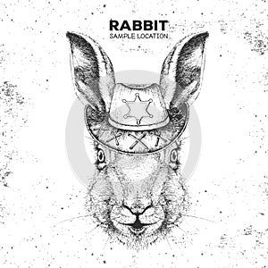 Retro Hipster animal rabbit with sheriff`s hat. Hand drawing Muzzle of animal bunny photo