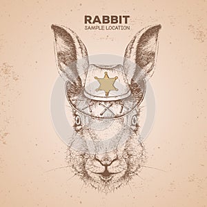 Retro Hipster animal rabbit with sheriff`s hat. Hand drawing Muzzle of animal bunny photo