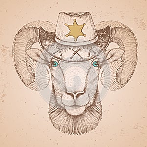 Retro Hipster animal ram or mouflon with sheriff`s hat. Hand drawing Muzzle of animal ram photo