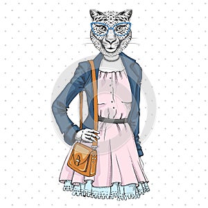 Retro Hipster fashion animal cheetah. Woman model