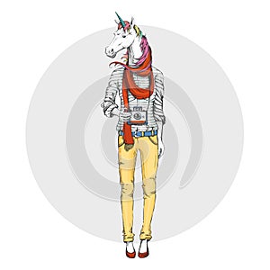 Retro Hipster fashion fantasy animal unicorn. Woman model