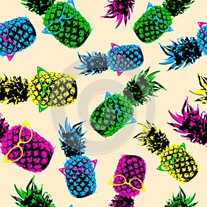 Retro hipster summer pattern with color pineapple