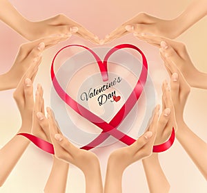 Retro holiday background with hands making a heart and red heart shape ribbon.