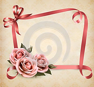 Retro holiday background with pink roses and ribbo