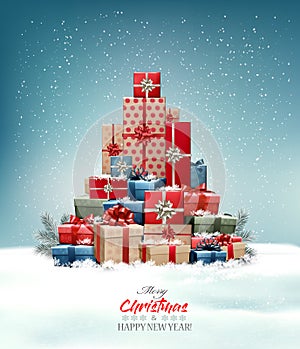 Retro holiday christmas background with christmas tree made out of colorful gift boxes and presents.