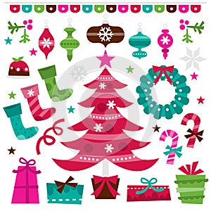 Retro holly jolly christmas design elements set