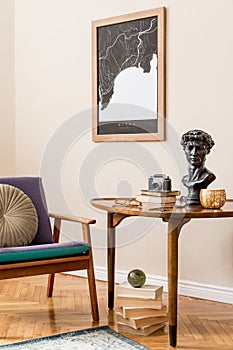 Retro home decor with stylish composition of elegant interior accessories.