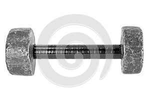 retro homemade metal dumbbell for fitness with black handle out of duct tape isolated on white background