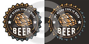 Retro hop beer logo or brew emblem with hops and metal cap for bar or pub. Craft print or label with cork and plant for