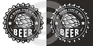 Retro hop beer logo or brew emblem with hops and metal cap for bar or pub. Craft print or label with cork and plant for