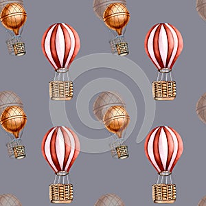 Retro hot air balloon vintage style watercolor seamless pattern isolated.