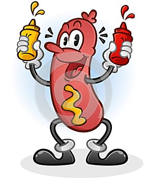 Retro Hot Dog Cartoon Character Squirting Mustard and Ketchup photo