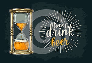 Retro hourglass with beer. Vector vintage engraving