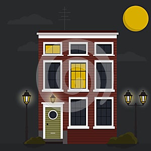 Retro house at night with moon. Flat vector with low-rise house, building in retro architecture styles, with city lights