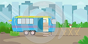 Retro house on wheels for traveling. Car travel. Vector flat illustration. Motorhome in the big city